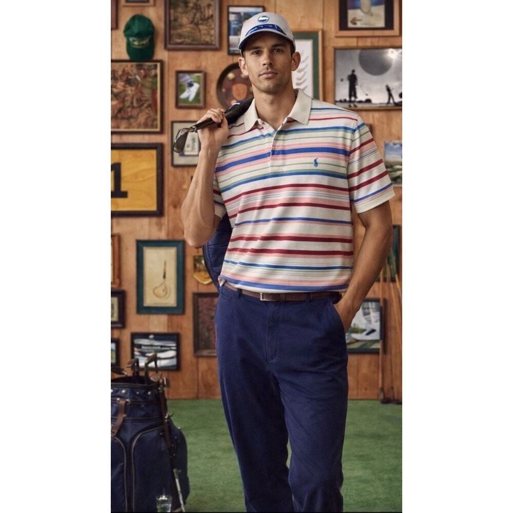 Ralph Lauren *RARE* Polo Shirt XXL Stripe Cream Golf Beach Colorful Preppy EUC